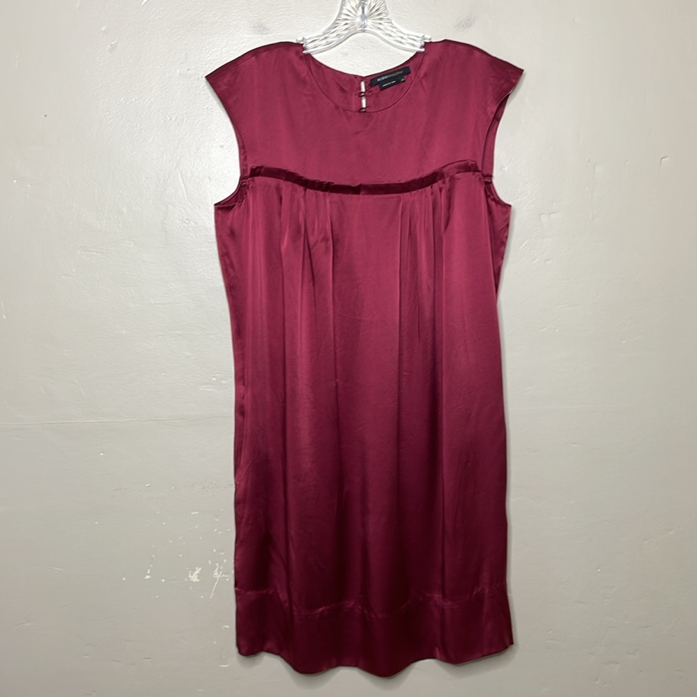BGBGMaxAria Shift Dress Burgundy SILK Paper Bag Pleated Seaming Covered Buttons
